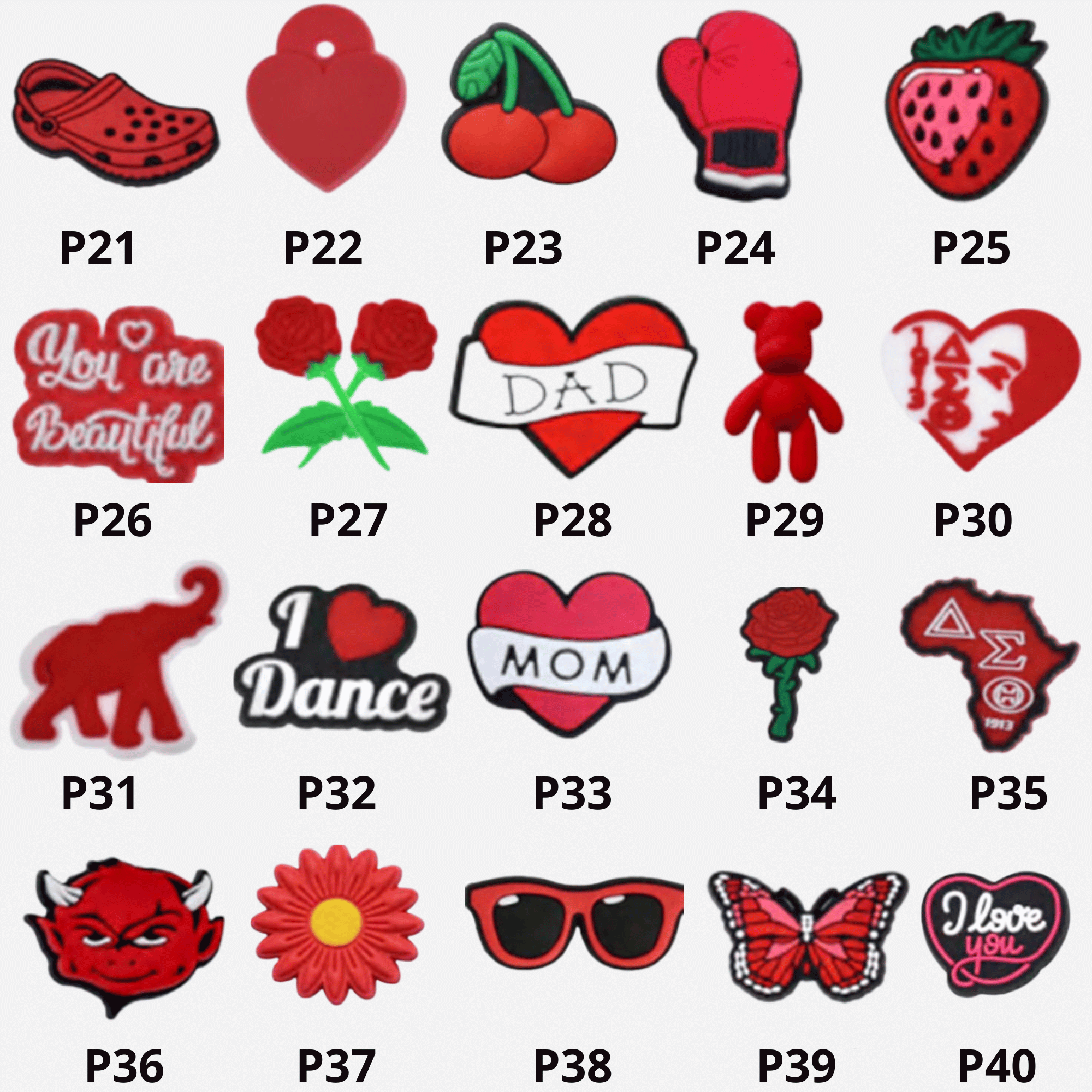 Pins, charms pour vos sabots ou crocs de la collection Rouge