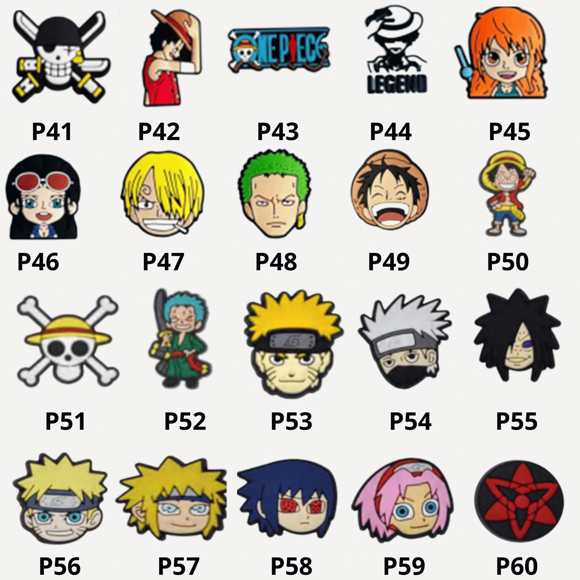 Pins, charms pour vos sabots ou crocs de la collection Naruto & One Piece