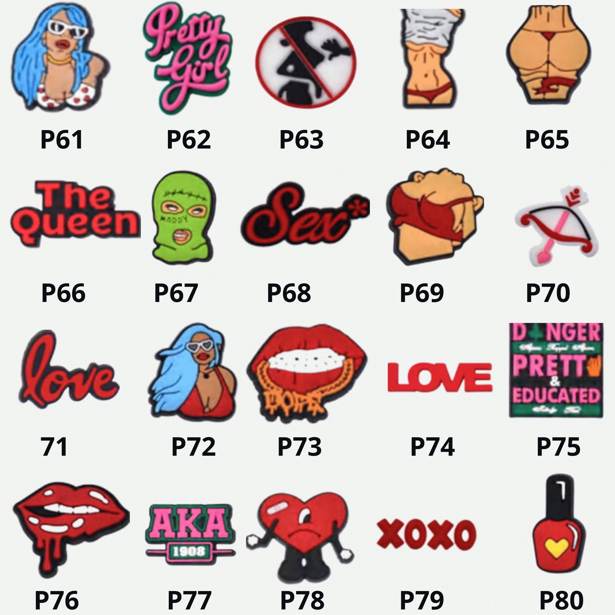 Pins, charms pour vos sabots ou crocs de la collection femme et sexy.